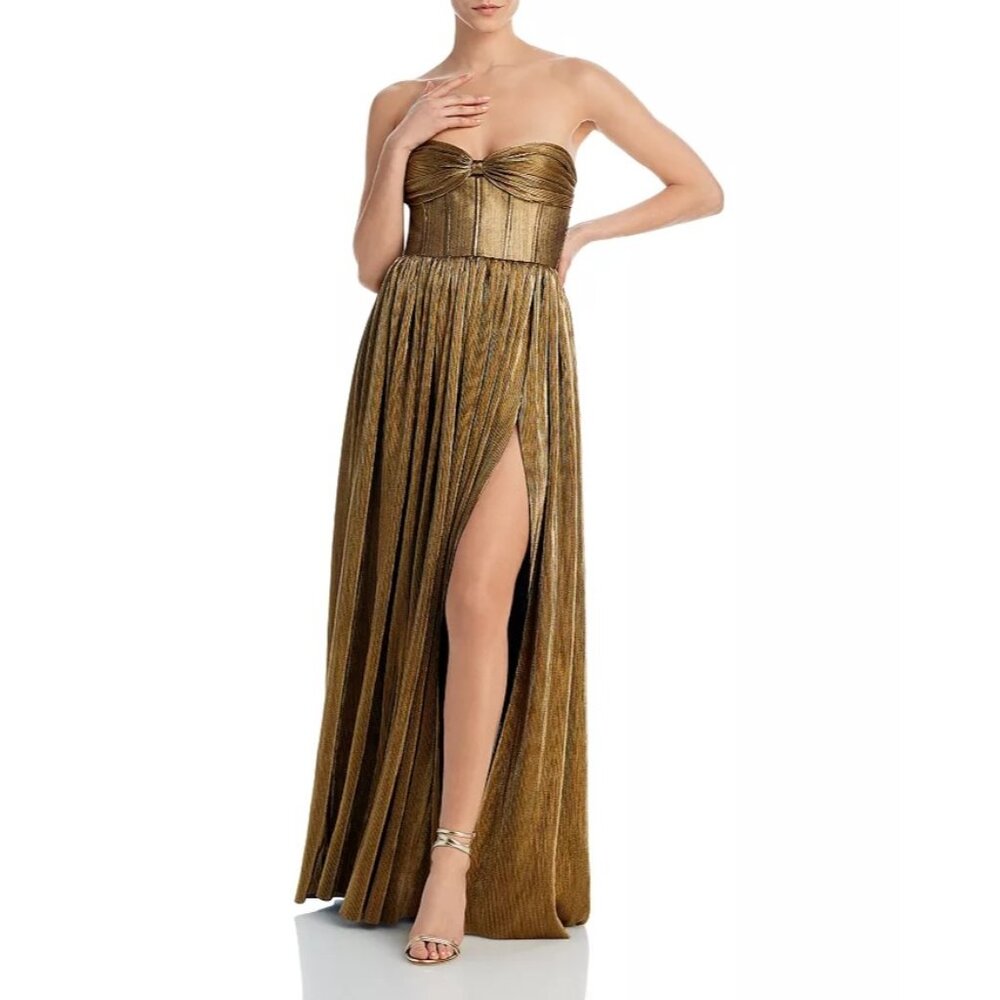 Bronx and Banco Metallic Gold Strapless Pleated Gown - Picture 10 of 16